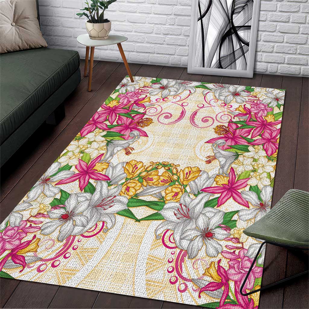 Hawaii Palaka Area Rug Yellow Tribal Pattern With Tropical Flowers - Polynesian Pride