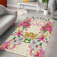 Hawaii Palaka Area Rug Yellow Tribal Pattern With Tropical Flowers - Polynesian Pride