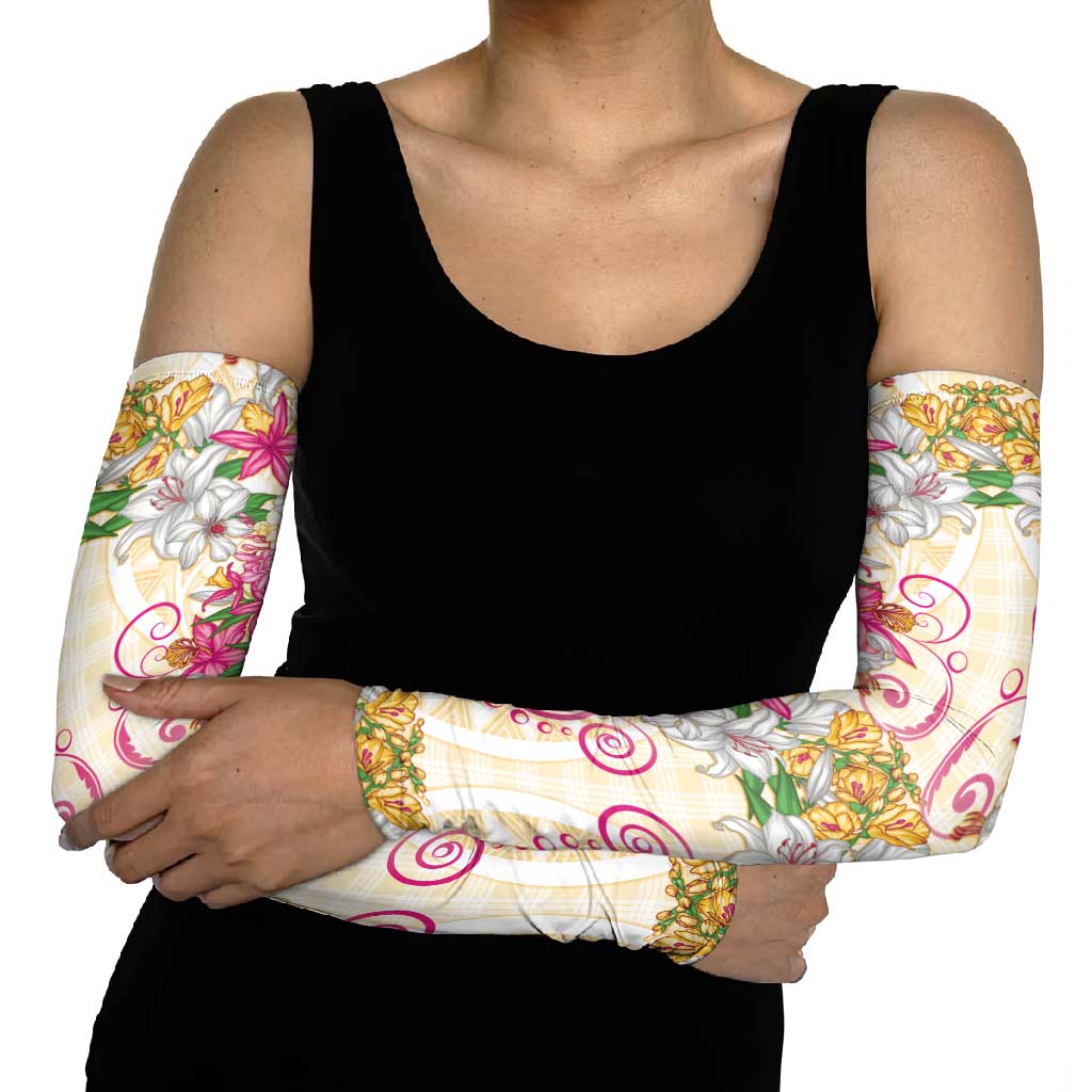 Hawaii Palaka Arm Sleeves Yellow Tribal Pattern With Tropical Flowers - Polynesian Pride