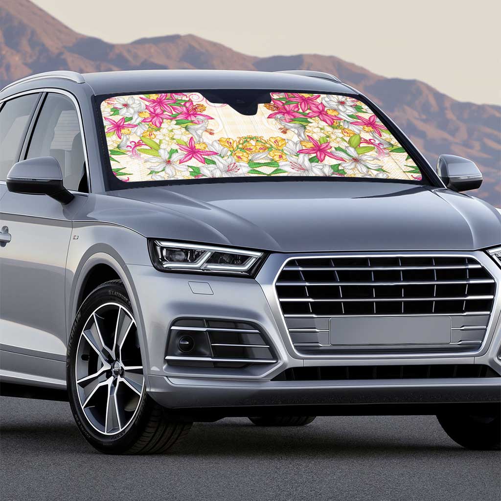 Hawaii Palaka Auto Sun Shade Yellow Tribal Pattern With Tropical Flowers - Polynesian Pride