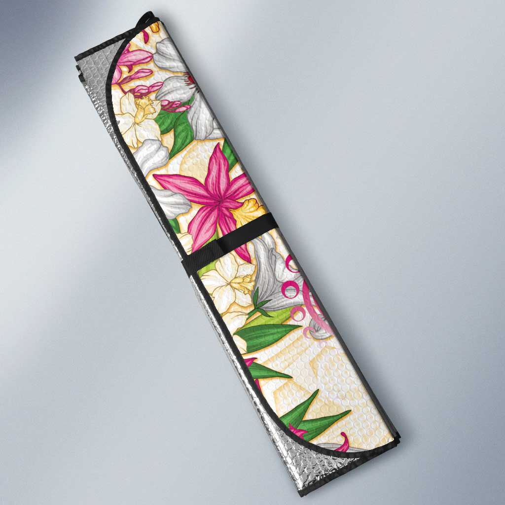 Hawaii Palaka Auto Sun Shade Yellow Tribal Pattern With Tropical Flowers - Polynesian Pride