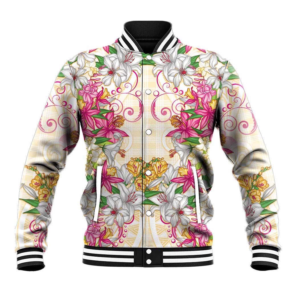 Hawaii Palaka Baseball Jacket Yellow Tribal Pattern With Tropical Flowers - Polynesian Pride