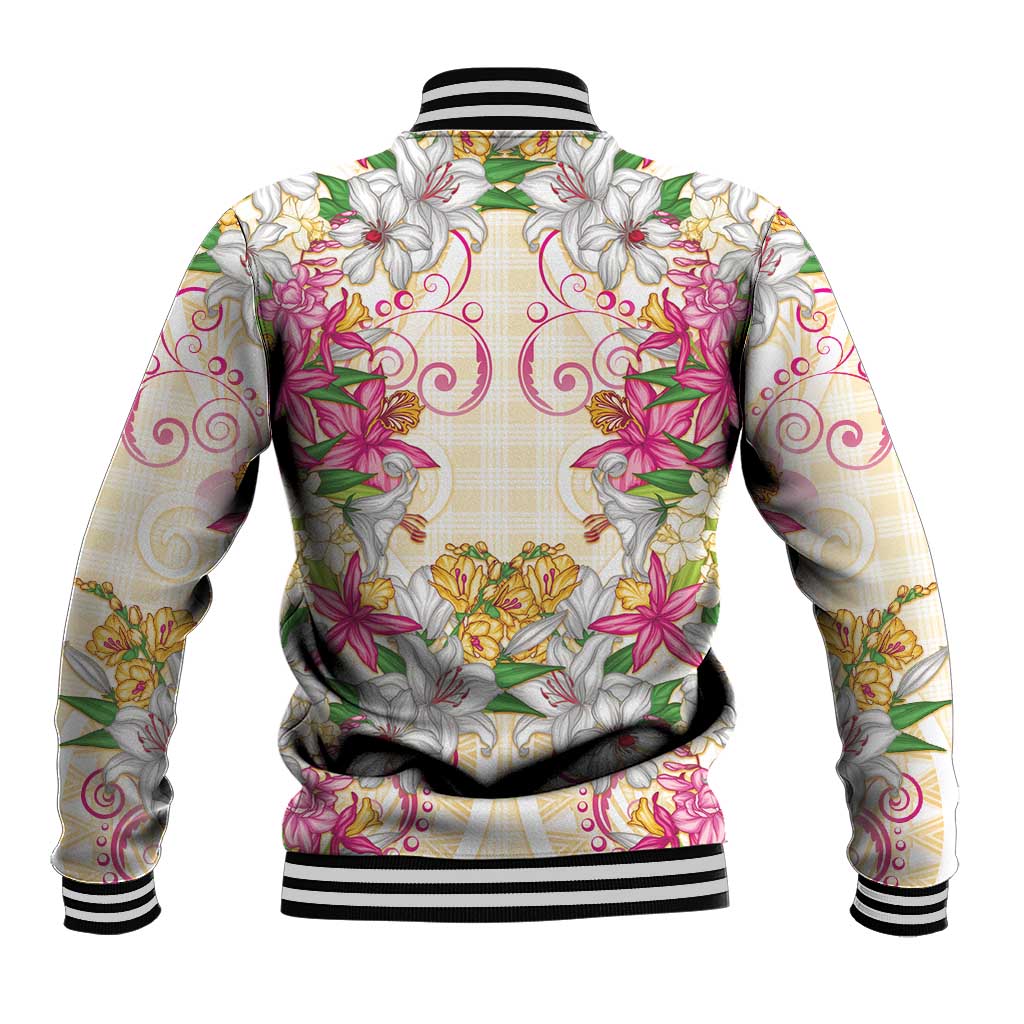 Hawaii Palaka Baseball Jacket Yellow Tribal Pattern With Tropical Flowers - Polynesian Pride