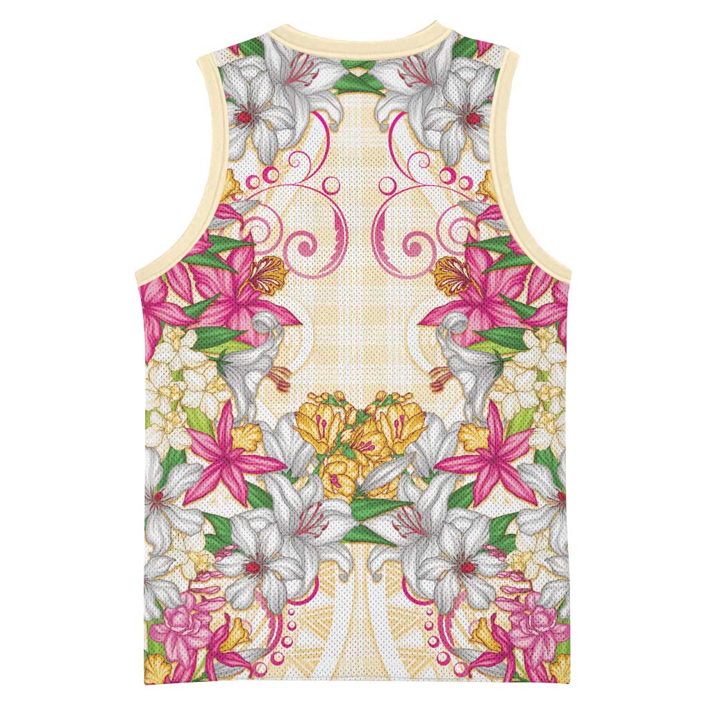 Hawaii Palaka Basketball Jersey Yellow Tribal Pattern With Tropical Flowers LT05 - Polynesian Pride