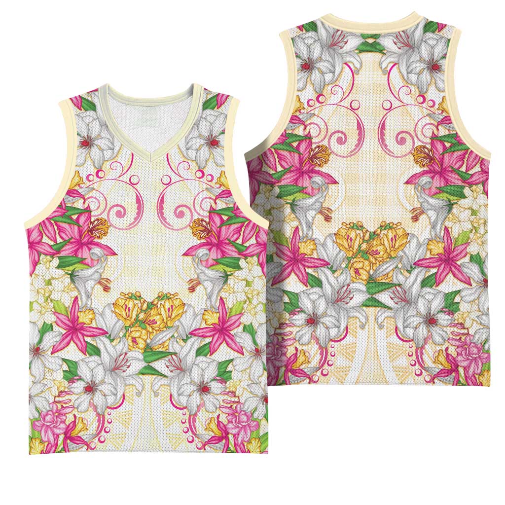Hawaii Palaka Basketball Jersey Yellow Tribal Pattern With Tropical Flowers LT05 - Polynesian Pride
