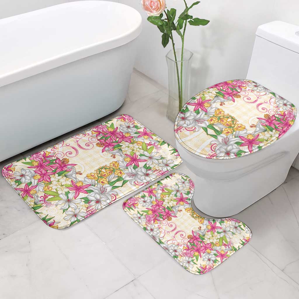 Hawaii Palaka Bathroom Set Yellow Tribal Pattern With Tropical Flowers - Polynesian Pride