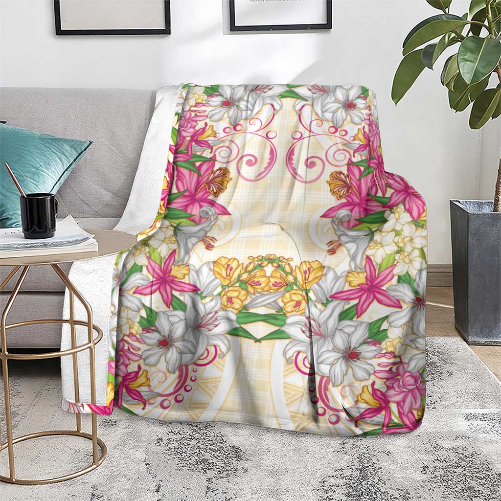 Hawaii Palaka Blanket Yellow Tribal Pattern With Tropical Flowers - Polynesian Pride