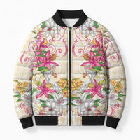 Hawaii Palaka Bomber Puffer Jacket Yellow Tribal Pattern With Tropical Flowers LT05 Unisex Yellow - Polynesian Pride