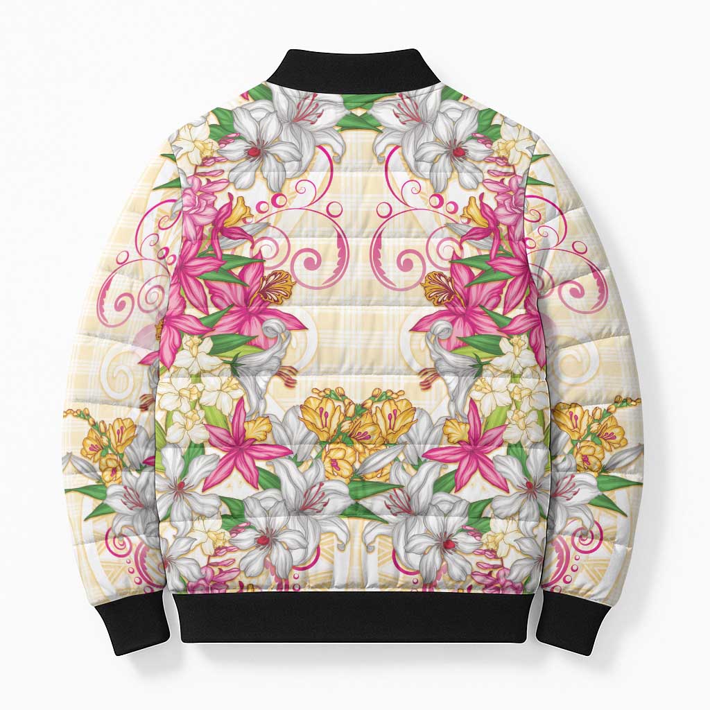 Hawaii Palaka Bomber Puffer Jacket Yellow Tribal Pattern With Tropical Flowers LT05 - Polynesian Pride