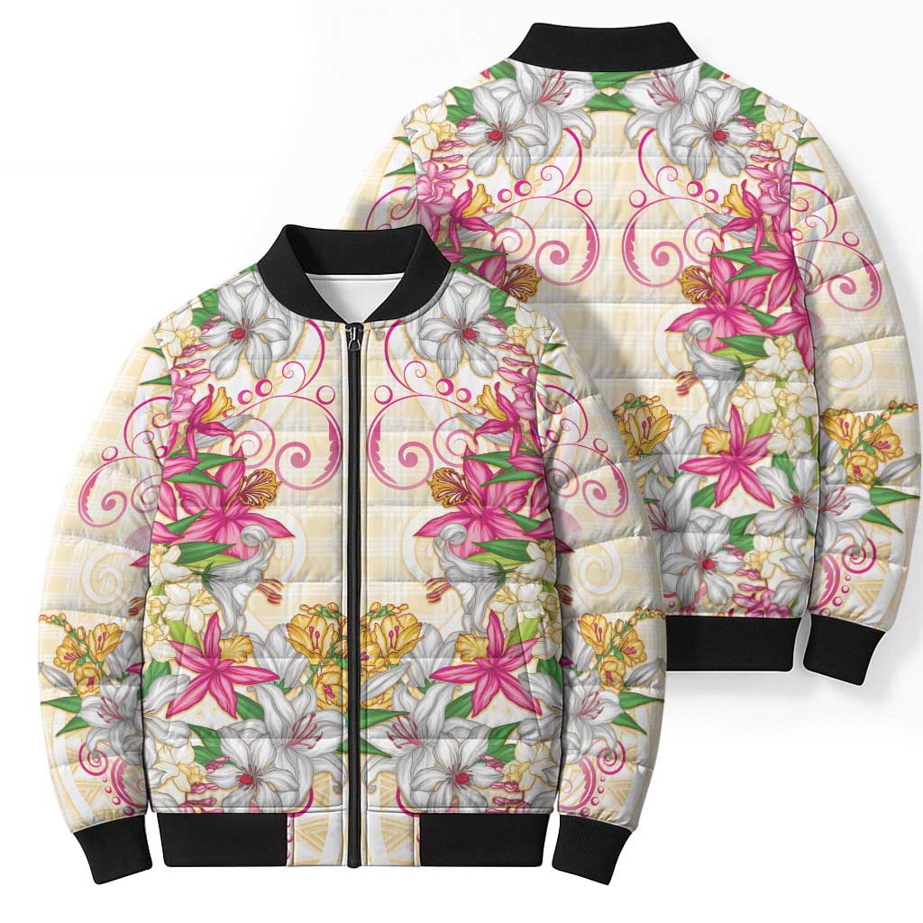 Hawaii Palaka Bomber Puffer Jacket Yellow Tribal Pattern With Tropical Flowers LT05 - Polynesian Pride