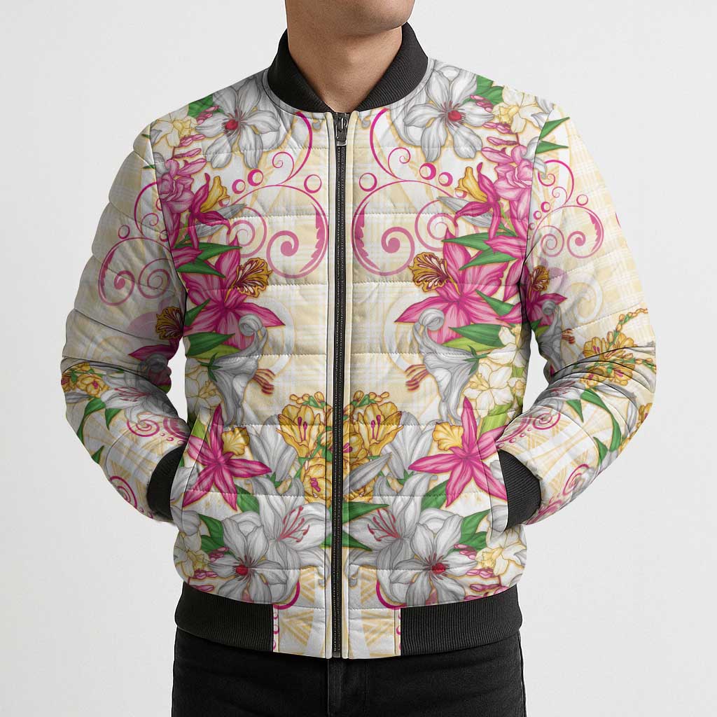 Hawaii Palaka Bomber Puffer Jacket Yellow Tribal Pattern With Tropical Flowers LT05 - Polynesian Pride
