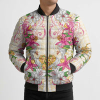 Hawaii Palaka Bomber Puffer Jacket Yellow Tribal Pattern With Tropical Flowers LT05 - Polynesian Pride