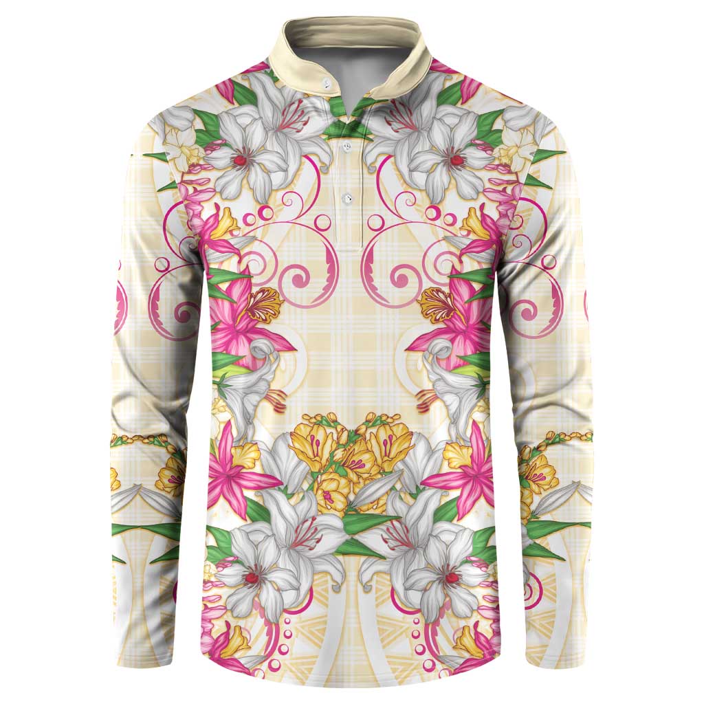 Hawaii Palaka Button Sweatshirt Yellow Tribal Pattern With Tropical Flowers LT05 Yellow - Polynesian Pride