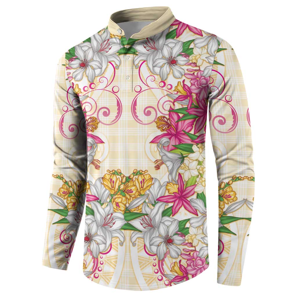Hawaii Palaka Button Sweatshirt Yellow Tribal Pattern With Tropical Flowers LT05 - Polynesian Pride