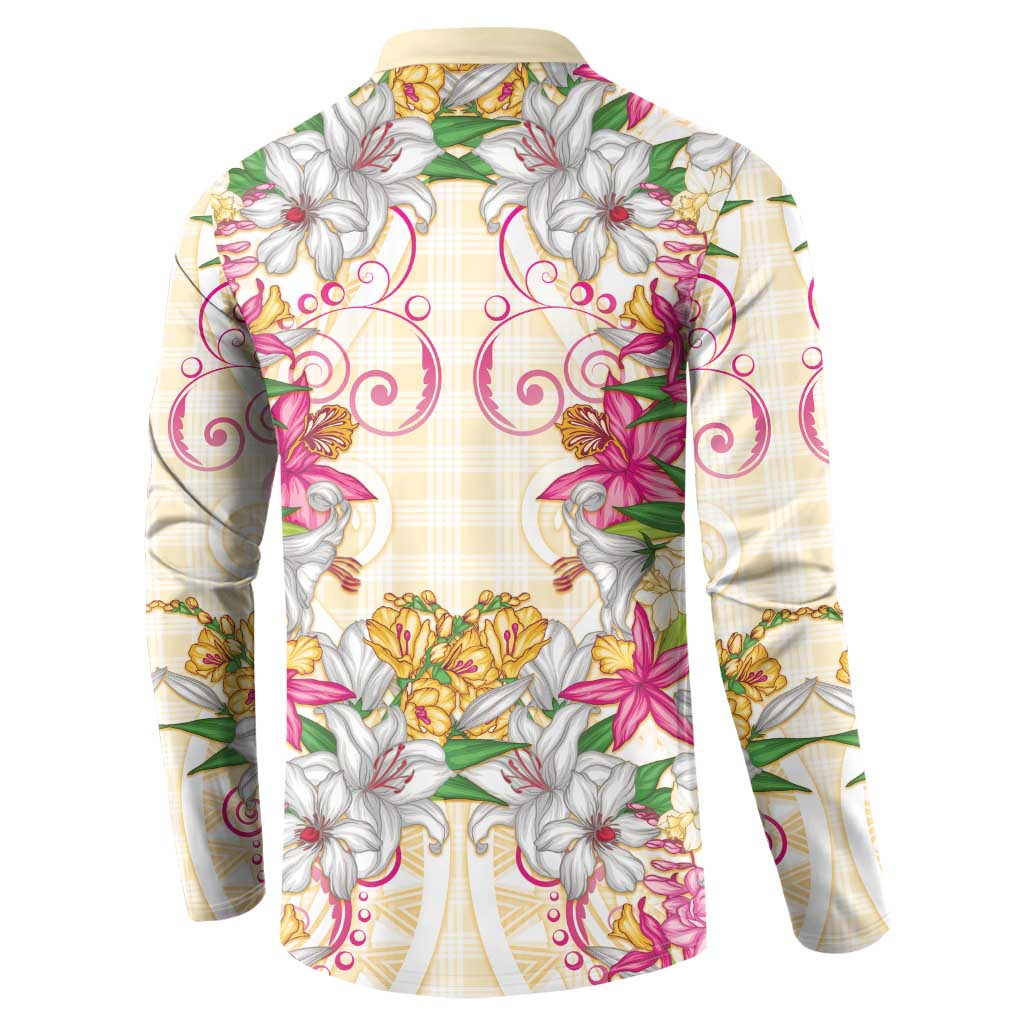 Hawaii Palaka Button Sweatshirt Yellow Tribal Pattern With Tropical Flowers LT05 - Polynesian Pride