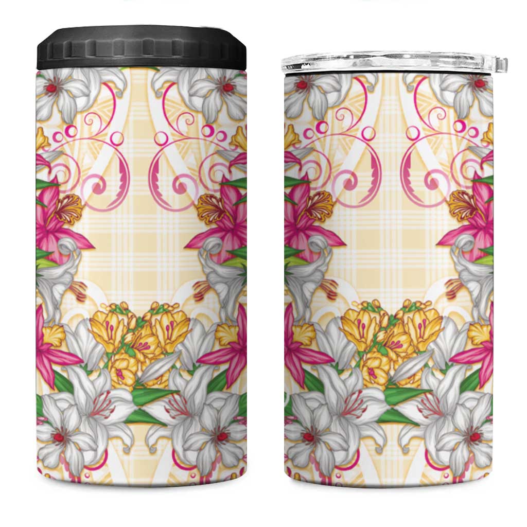 Hawaii Palaka 4 in 1 Can Cooler Tumbler Yellow Tribal Pattern With Tropical Flowers - Polynesian Pride