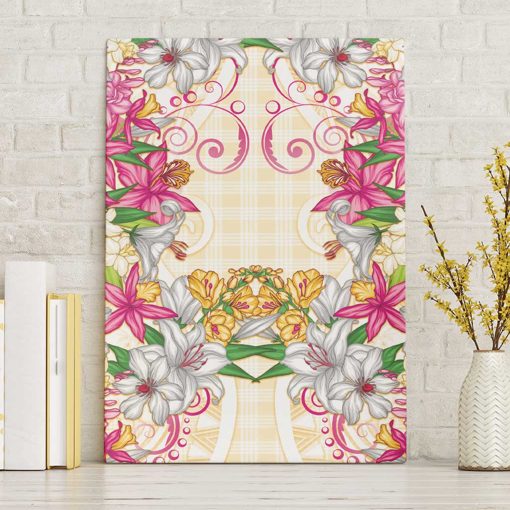 Hawaii Palaka Canvas Wall Art Yellow Tribal Pattern With Tropical Flowers LT05 Without Frame Yellow - Polynesian Pride