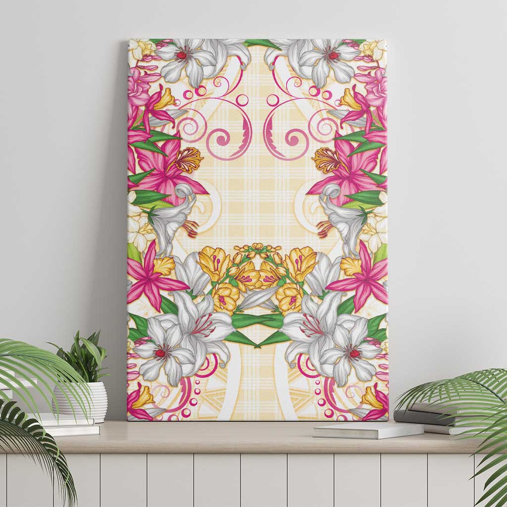 Hawaii Palaka Canvas Wall Art Yellow Tribal Pattern With Tropical Flowers LT05 - Polynesian Pride