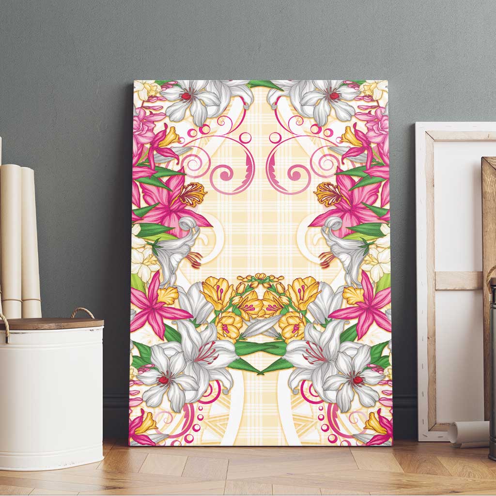 Hawaii Palaka Canvas Wall Art Yellow Tribal Pattern With Tropical Flowers LT05 - Polynesian Pride