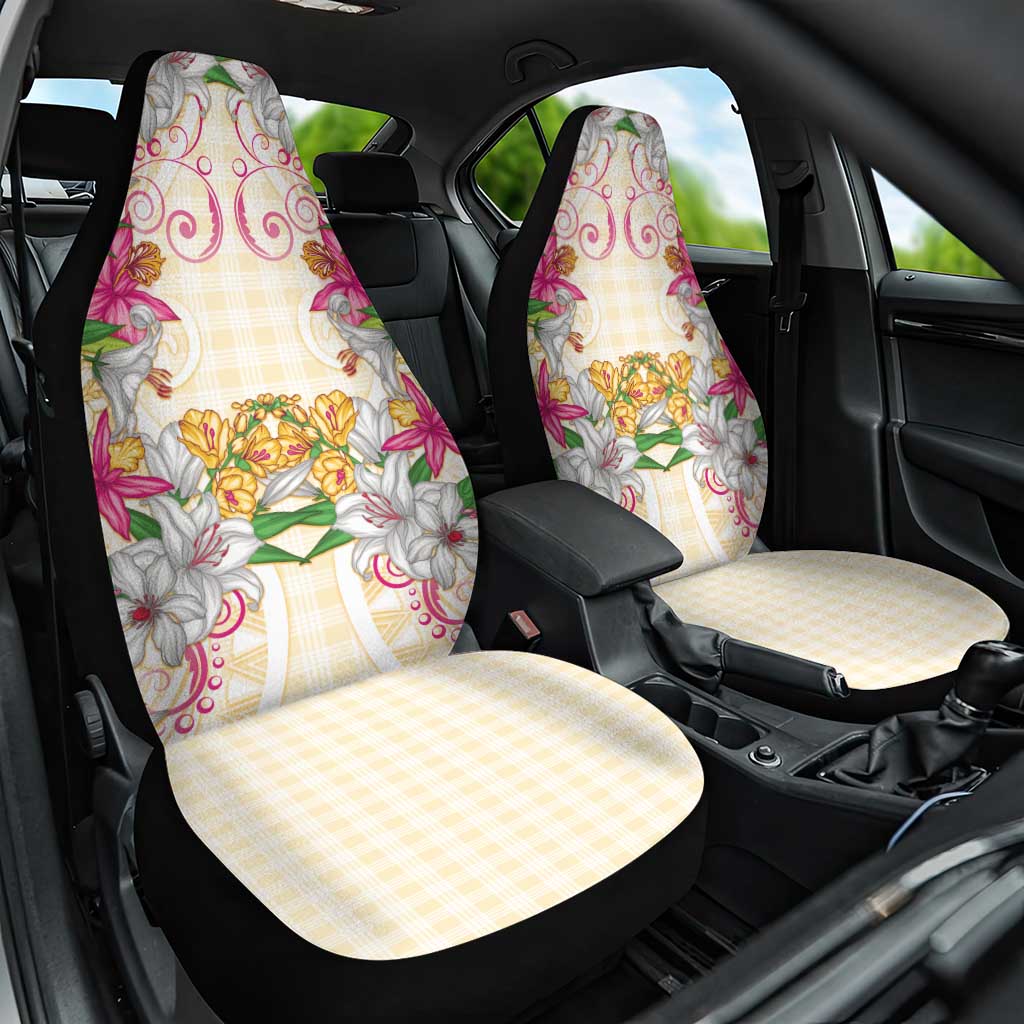 Hawaii Palaka Car Seat Cover Yellow Tribal Pattern With Tropical Flowers - Polynesian Pride