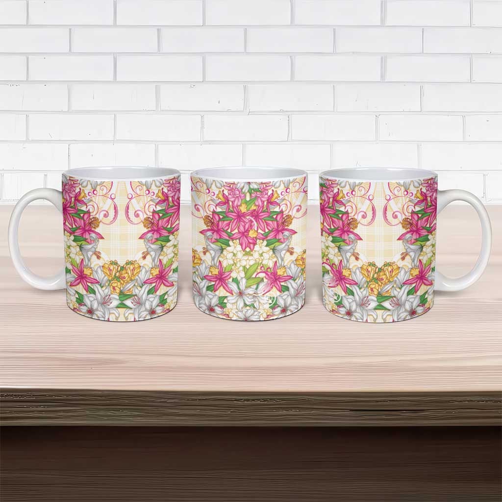 Hawaii Palaka Ceramic Mug Yellow Tribal Pattern With Tropical Flowers LT05 - Polynesian Pride