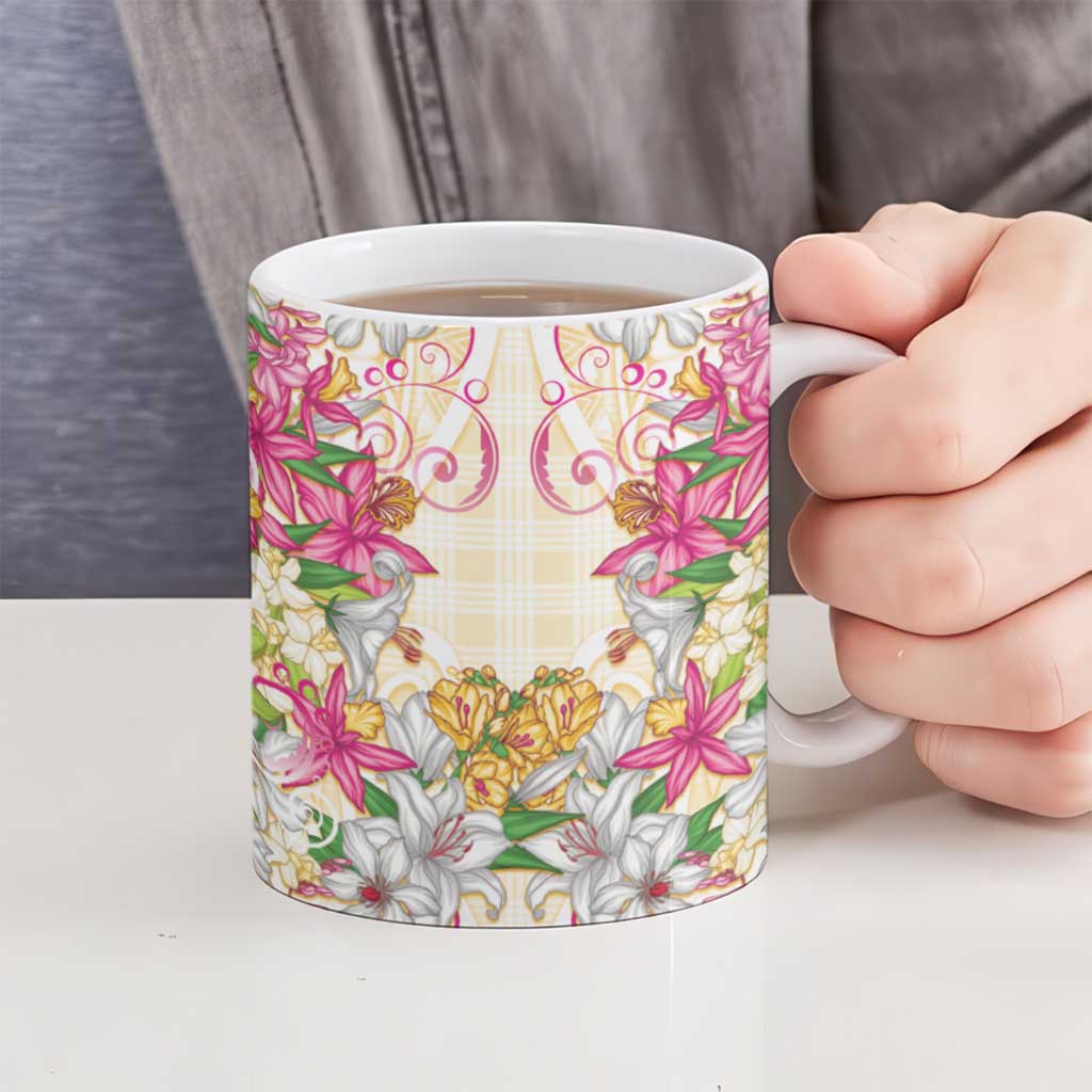 Hawaii Palaka Ceramic Mug Yellow Tribal Pattern With Tropical Flowers LT05 - Polynesian Pride