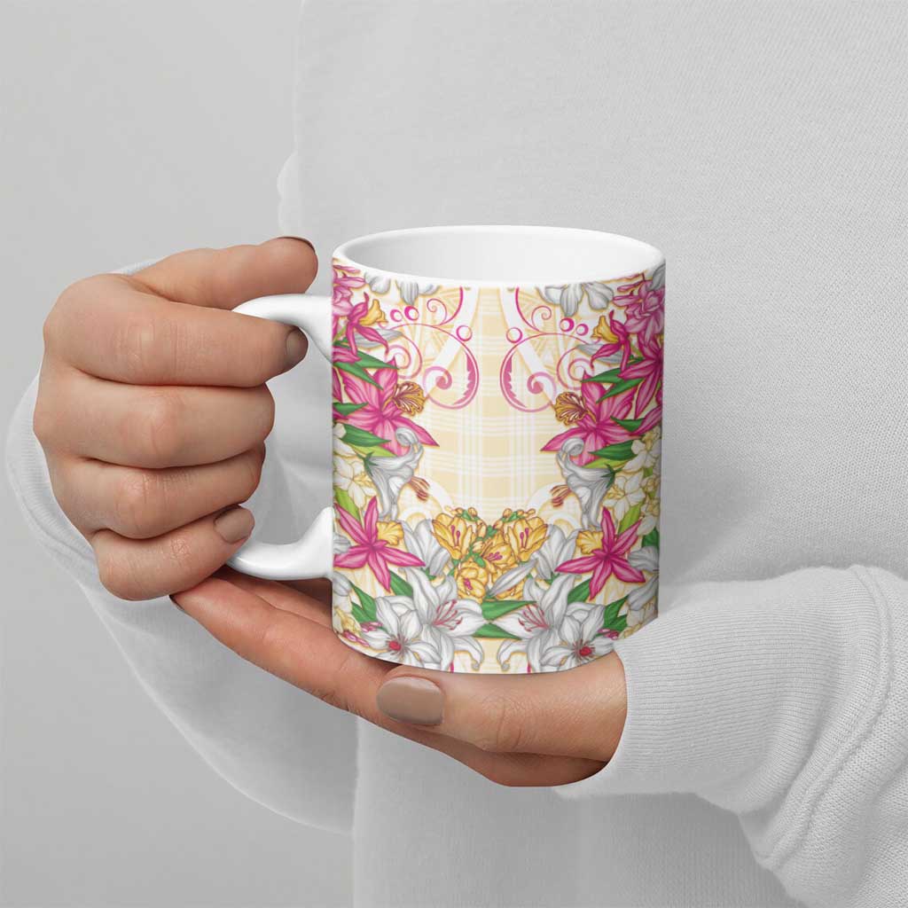 Hawaii Palaka Ceramic Mug Yellow Tribal Pattern With Tropical Flowers LT05 - Polynesian Pride