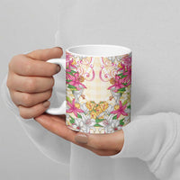 Hawaii Palaka Ceramic Mug Yellow Tribal Pattern With Tropical Flowers LT05 - Polynesian Pride