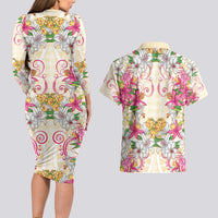 Hawaii Palaka Couples Matching Long Sleeve Bodycon Dress and Hawaiian Shirt Yellow Tribal Pattern With Tropical Flowers - Polynesian Pride