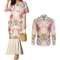 Hawaii Palaka Couples Matching Mermaid Dress and Long Sleeve Button Shirt Yellow Tribal Pattern With Tropical Flowers - Polynesian Pride