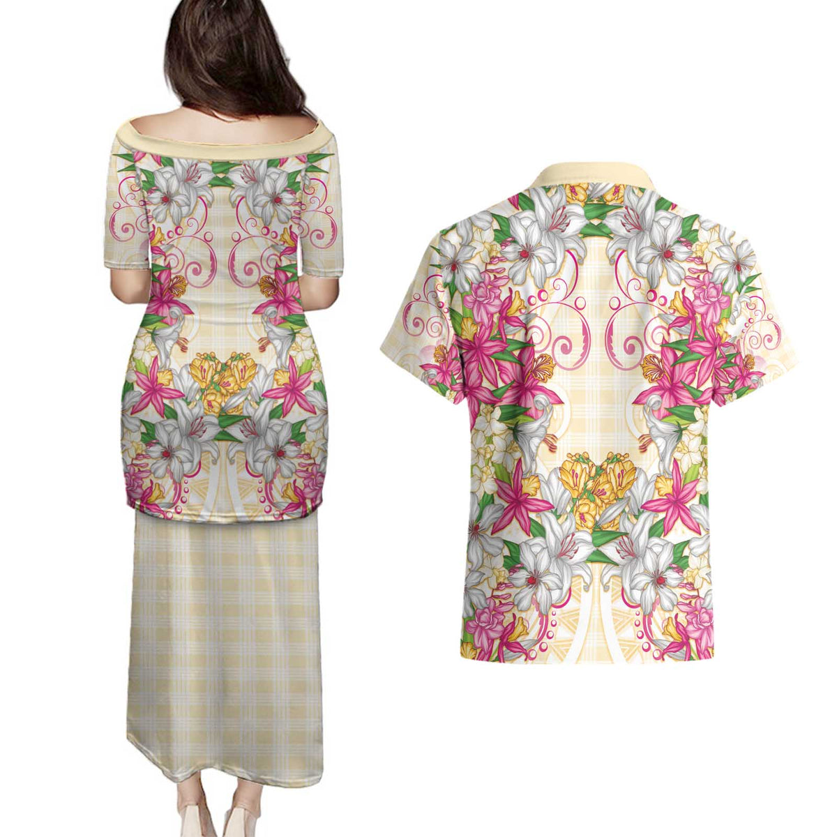 Hawaii Palaka Couples Matching Puletasi and Hawaiian Shirt Yellow Tribal Pattern With Tropical Flowers LT05 - Polynesian Pride
