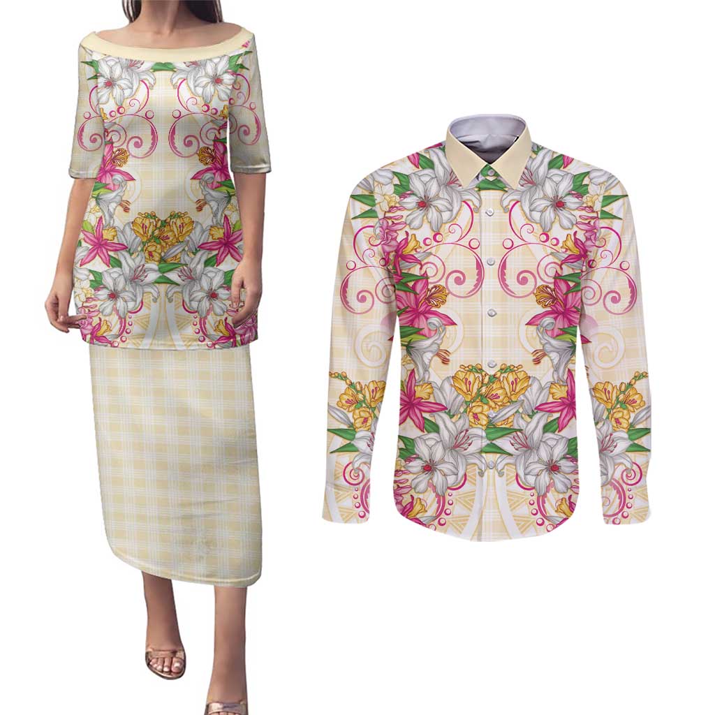 Hawaii Palaka Couples Matching Puletasi and Long Sleeve Button Shirt Yellow Tribal Pattern With Tropical Flowers LT05 Yellow - Polynesian Pride
