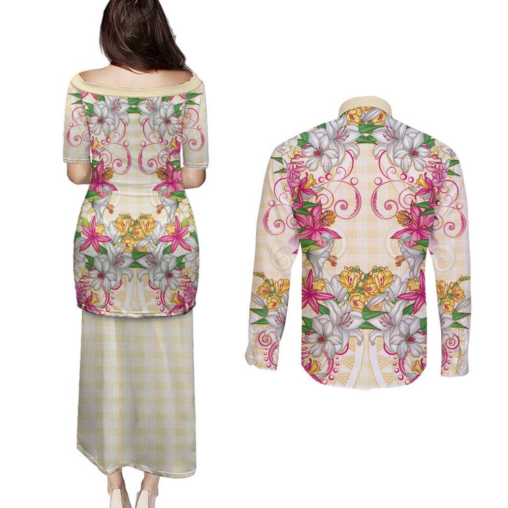 Hawaii Palaka Couples Matching Puletasi and Long Sleeve Button Shirt Yellow Tribal Pattern With Tropical Flowers LT05 - Polynesian Pride