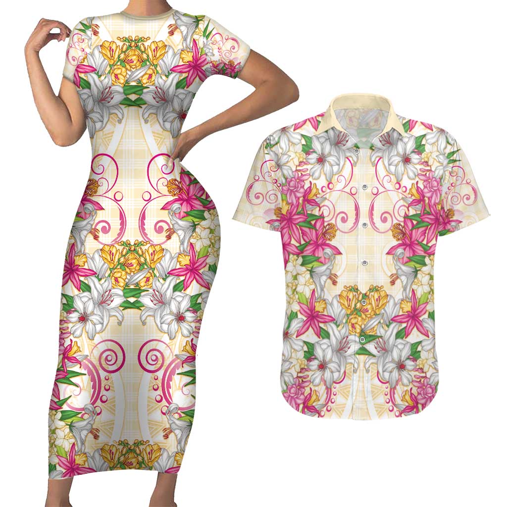 Hawaii Palaka Couples Matching Short Sleeve Bodycon Dress and Hawaiian Shirt Yellow Tribal Pattern With Tropical Flowers - Polynesian Pride