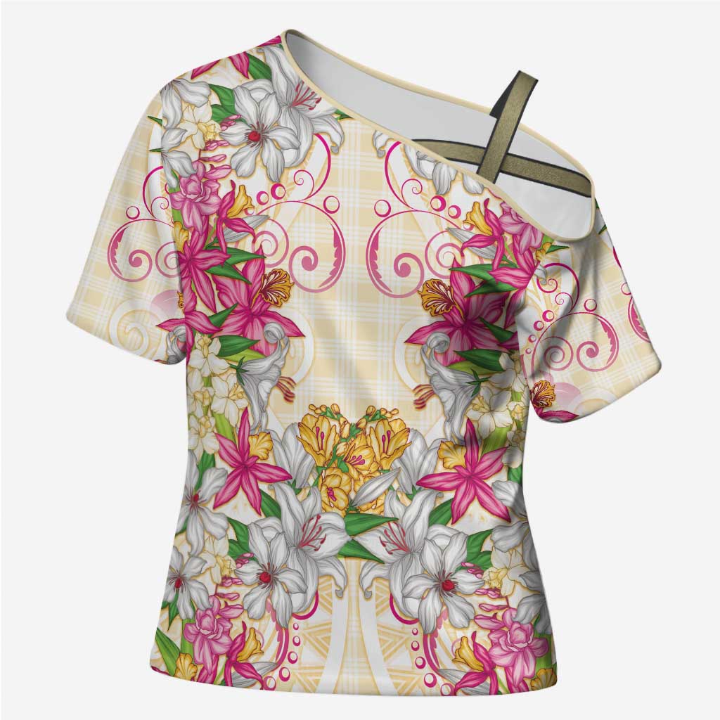 Hawaii Palaka Cross Shoulder Shirt Yellow Tribal Pattern With Tropical Flowers LT05 Female Yellow - Polynesian Pride