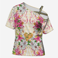 Hawaii Palaka Cross Shoulder Shirt Yellow Tribal Pattern With Tropical Flowers LT05 Female Yellow - Polynesian Pride
