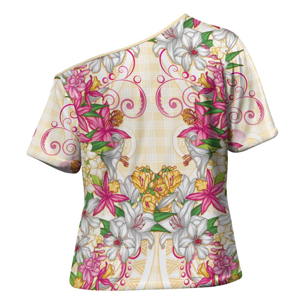 Hawaii Palaka Cross Shoulder Shirt Yellow Tribal Pattern With Tropical Flowers LT05 - Polynesian Pride