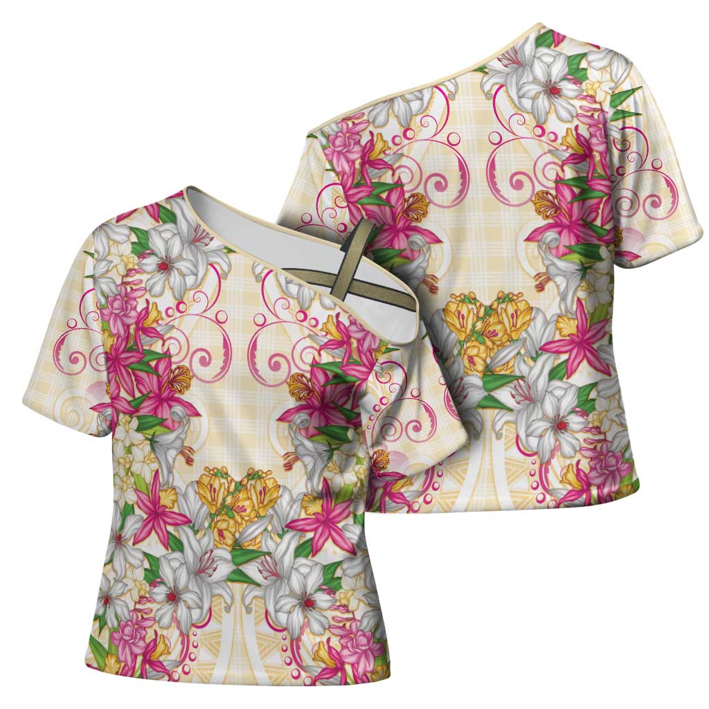 Hawaii Palaka Cross Shoulder Shirt Yellow Tribal Pattern With Tropical Flowers LT05 - Polynesian Pride