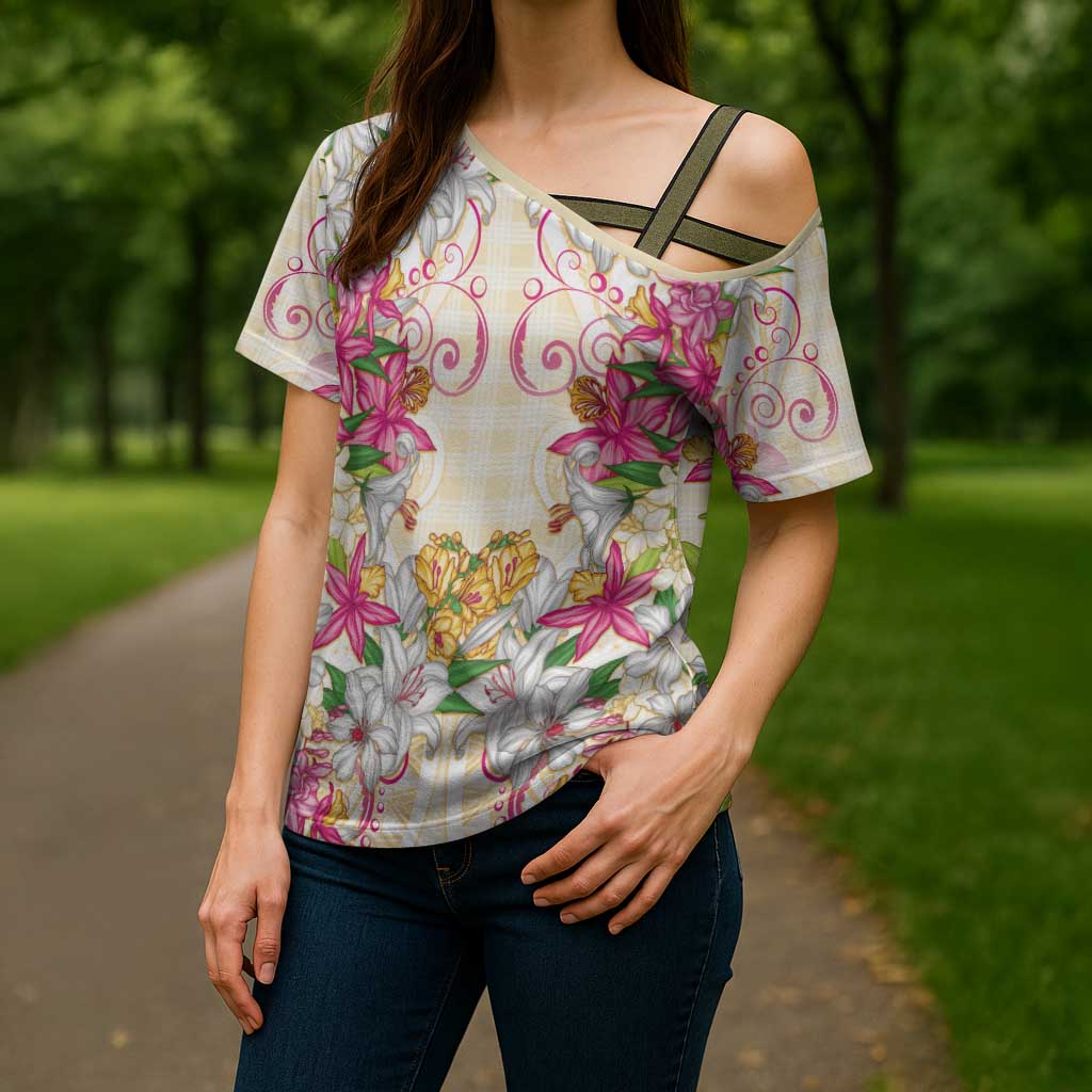 Hawaii Palaka Cross Shoulder Shirt Yellow Tribal Pattern With Tropical Flowers LT05 - Polynesian Pride