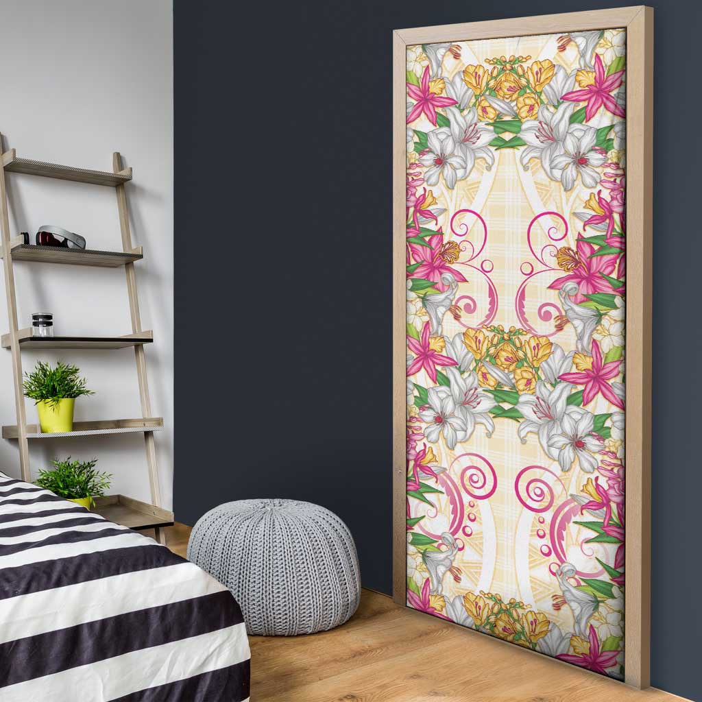 Hawaii Palaka Door Cover Yellow Tribal Pattern With Tropical Flowers - Polynesian Pride