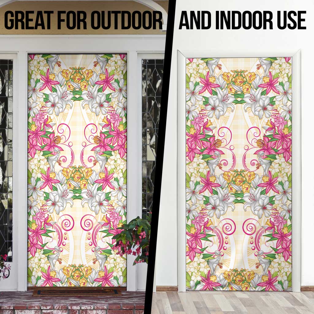 Hawaii Palaka Door Cover Yellow Tribal Pattern With Tropical Flowers - Polynesian Pride