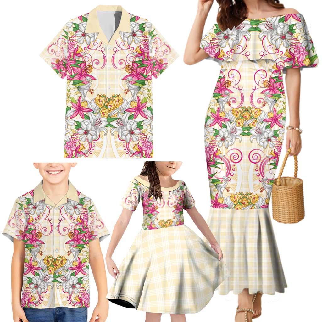 Hawaii Palaka Family Matching Mermaid Dress and Hawaiian Shirt Yellow Tribal Pattern With Tropical Flowers - Polynesian Pride