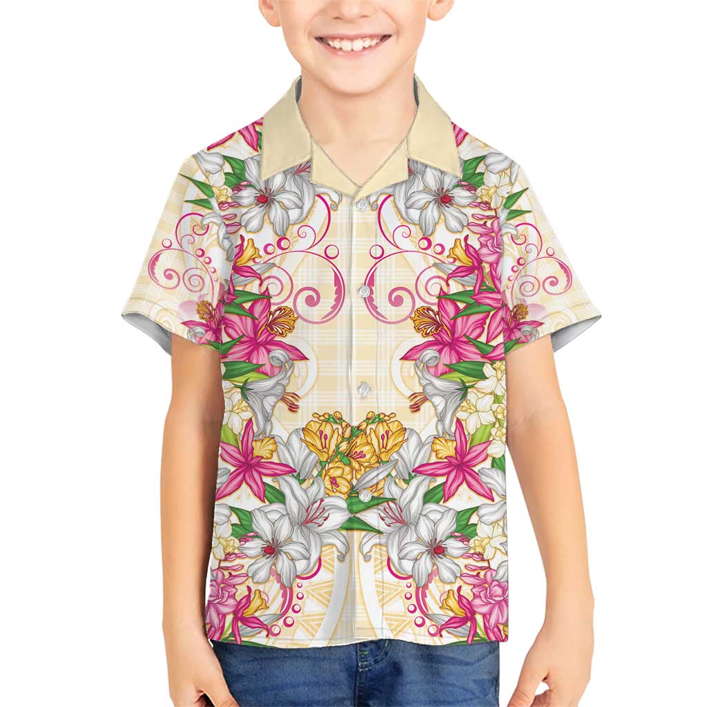 Hawaii Palaka Family Matching Puletasi and Hawaiian Shirt Yellow Tribal Pattern With Tropical Flowers LT05 Son's Shirt Yellow - Polynesian Pride