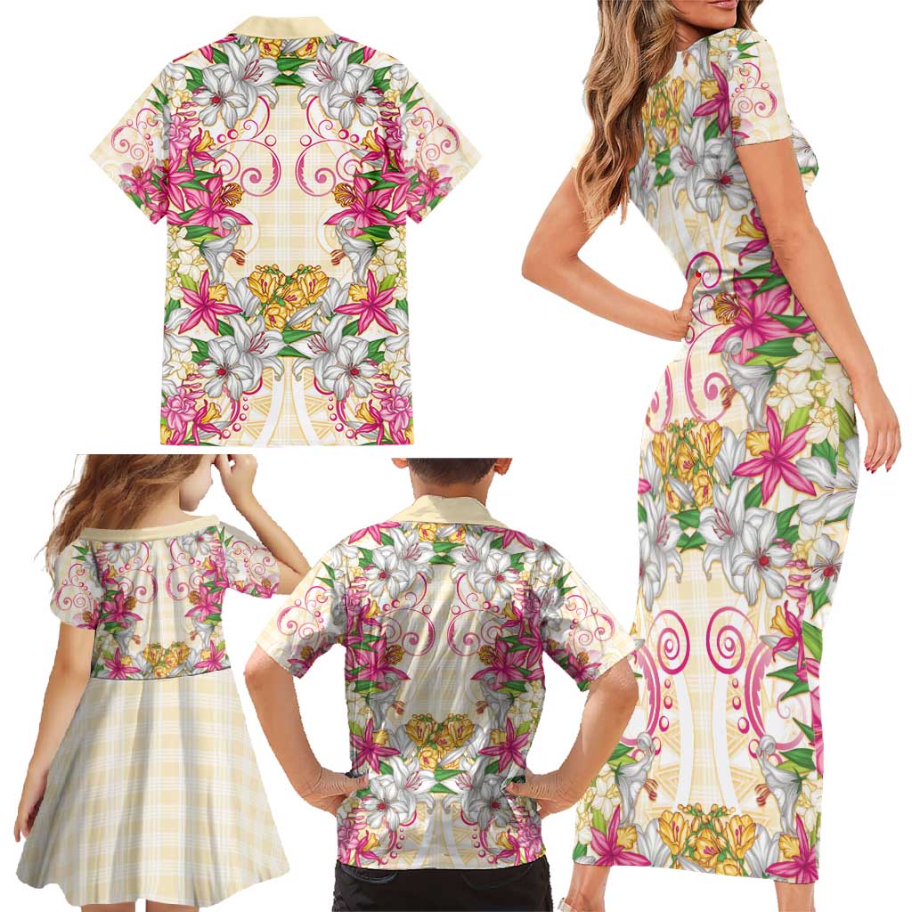Hawaii Palaka Family Matching Short Sleeve Bodycon Dress and Hawaiian Shirt Yellow Tribal Pattern With Tropical Flowers - Polynesian Pride