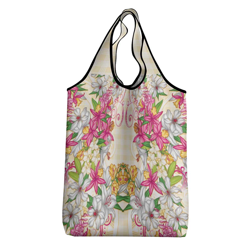 Hawaii Palaka Grocery Bag Yellow Tribal Pattern With Tropical Flowers - Polynesian Pride
