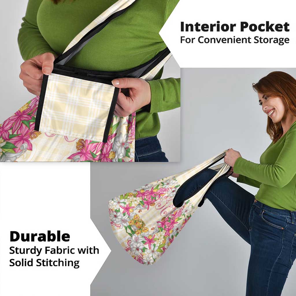 Hawaii Palaka Grocery Bag Yellow Tribal Pattern With Tropical Flowers - Polynesian Pride