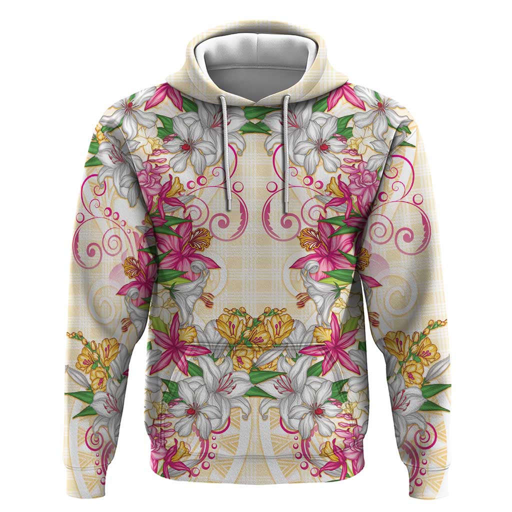 Hawaii Palaka Hoodie Yellow Tribal Pattern With Tropical Flowers - Polynesian Pride