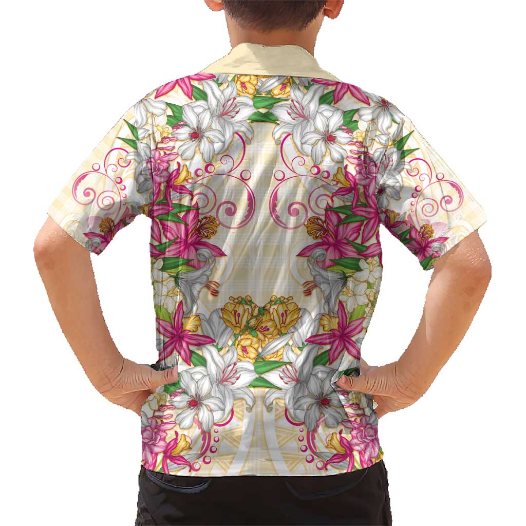 Hawaii Palaka Kid Hawaiian Shirt Yellow Tribal Pattern With Tropical Flowers - Polynesian Pride