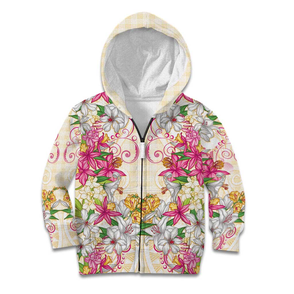 Hawaii Palaka Kid Hoodie Yellow Tribal Pattern With Tropical Flowers - Polynesian Pride