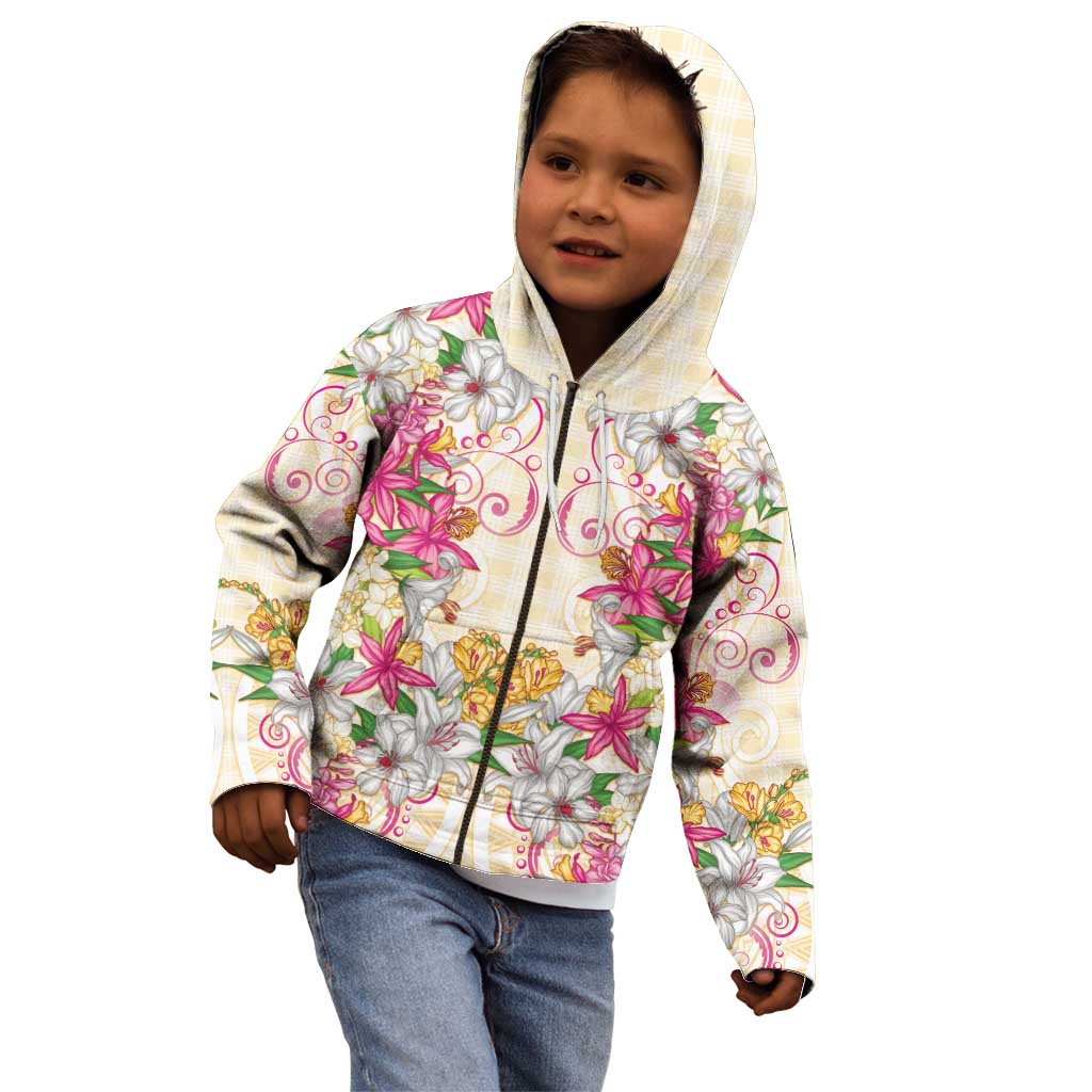 Hawaii Palaka Kid Hoodie Yellow Tribal Pattern With Tropical Flowers - Polynesian Pride